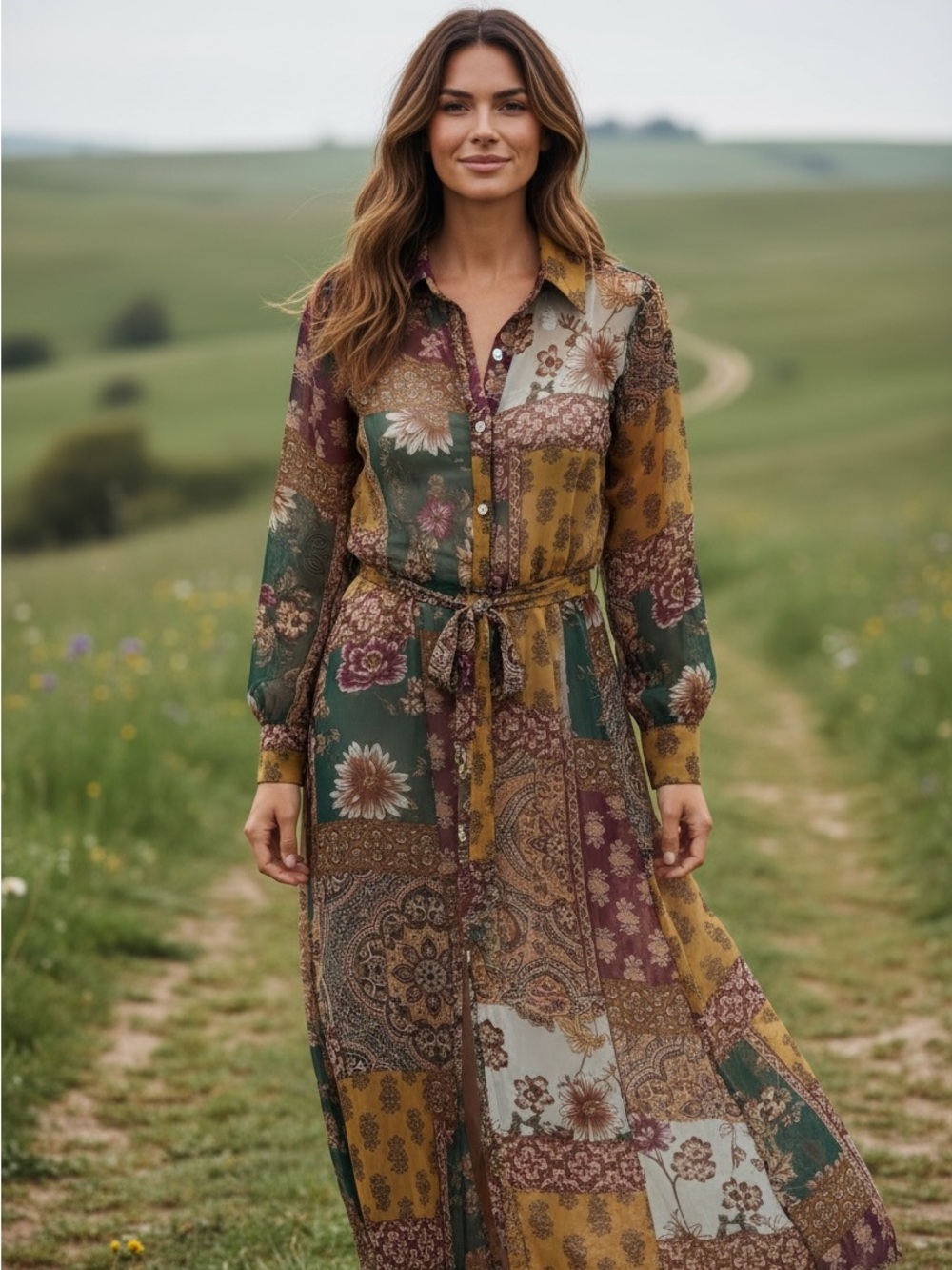 Boho Patchwork Floral Maxi Dress in Green & Mustard